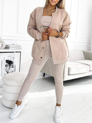 Women's Round Neck Long Sleeve Casual Sports 3-piece Suit