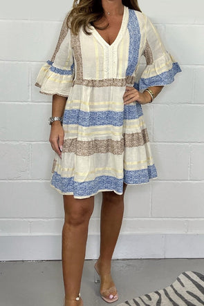 V-neck printed cotton and linen dress