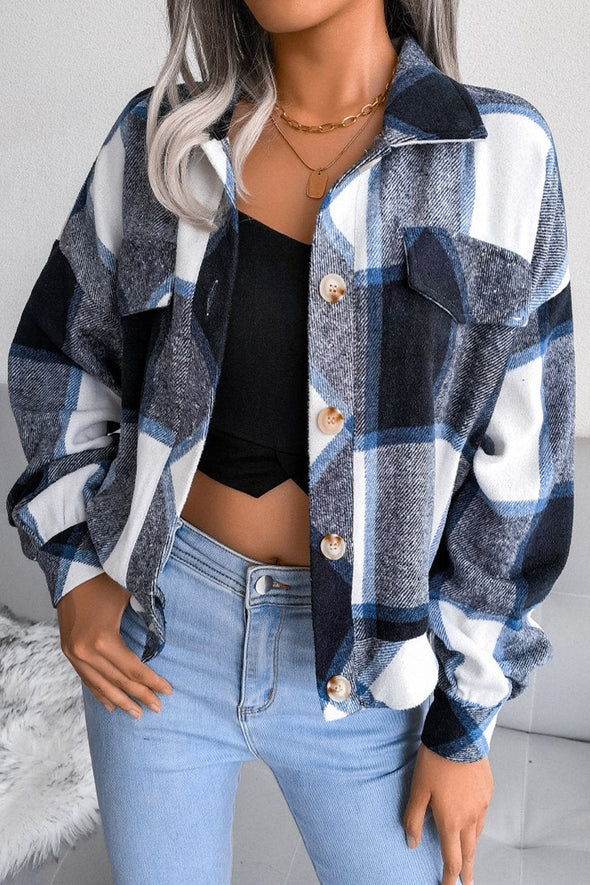 Women's Fashion Plaid Lantern Long Sleeve Woolen Coat