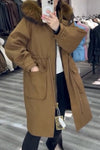 Women's fur hooded waist-cinching overcoat