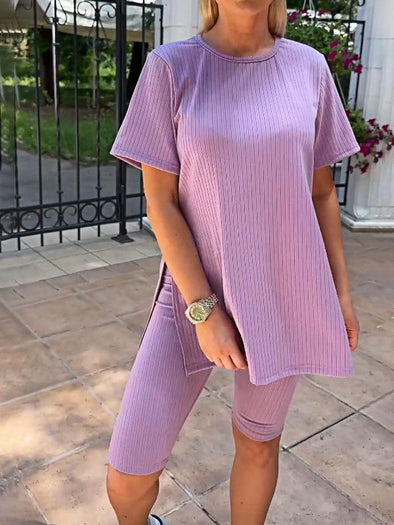 Women's Solid Color Stretch Knit Top and Shorts Two-piece Set
