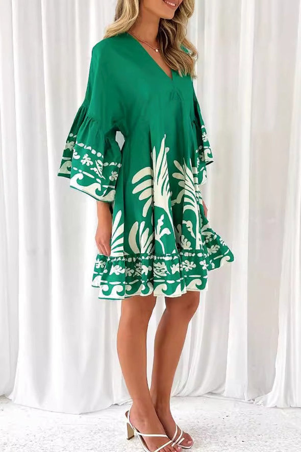 Women's V-neck printed trumpet sleeve loose short dress