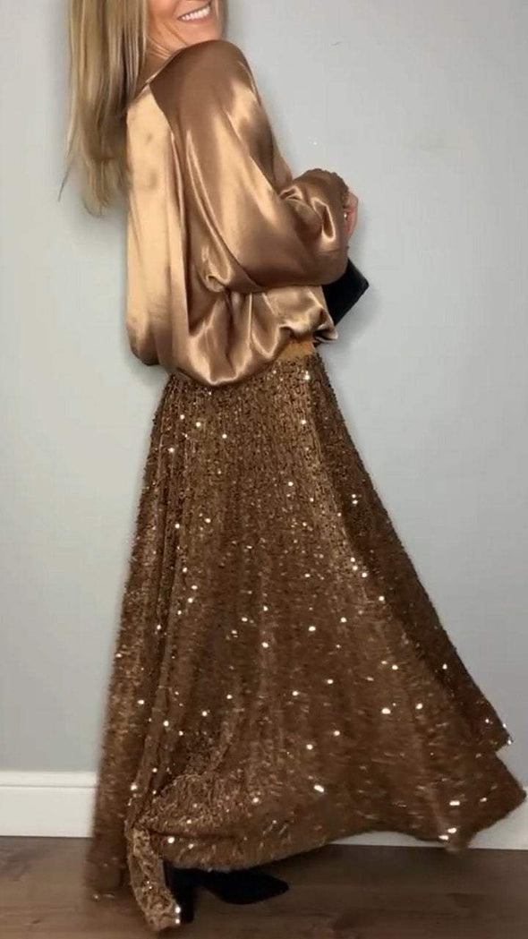 Women's Round Neck Satin Top + Sequined Skirt Set