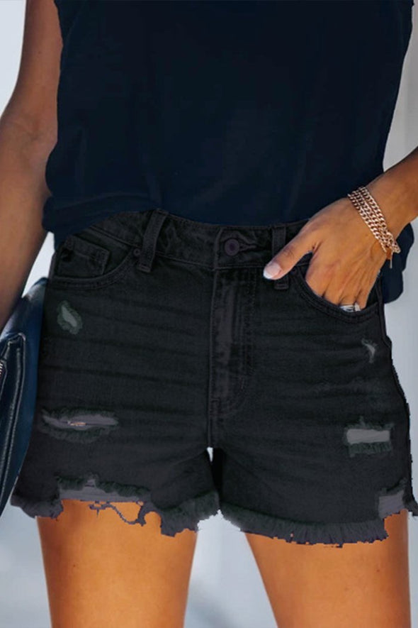 Women's Casual Four Color Ripped High Waist Denim Shorts