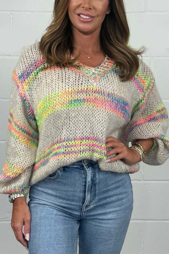 Women's V-Neck Multicoloured Stripe Knit Jumper