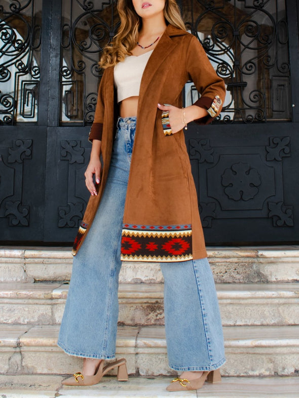 Women's Ethnic Print Patchwork Suede Coat