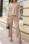 Women's Casual Long Sleeve Knit Top Wide Leg Pants Two-Piece Outfit