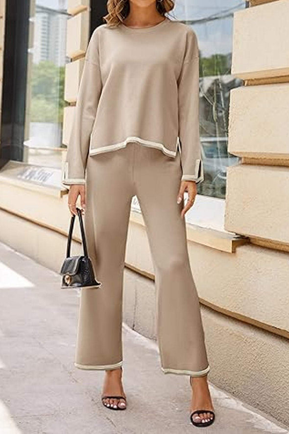 Women's Casual Long Sleeve Knit Top Wide Leg Pants Two-Piece Outfit