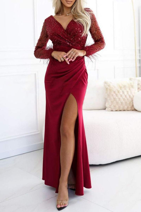 Women's V-neck Sexy Slit Slim Fit Sequined Feather Stitching Maxi Dress