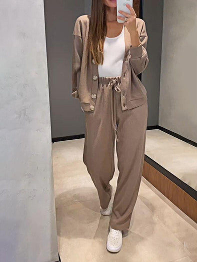 Women's Knitted Buttoned Jacket and Pants Two-piece Set