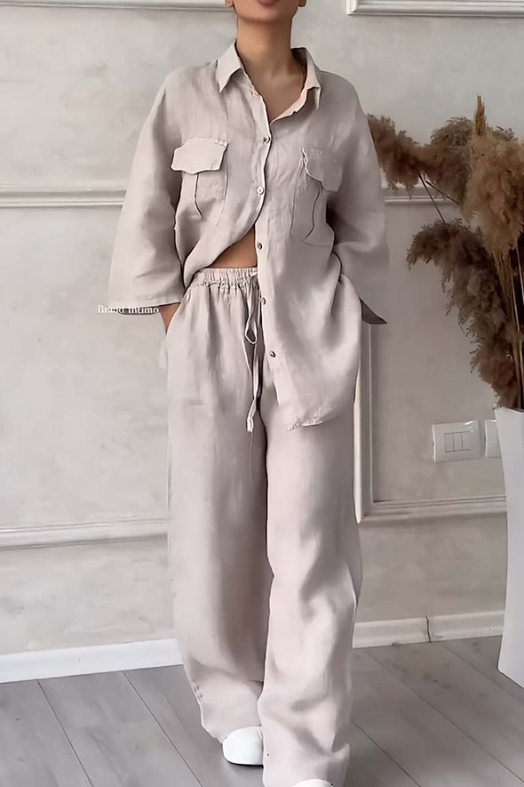 Women's casual large pocket lapel cotton and linen two-piece set
