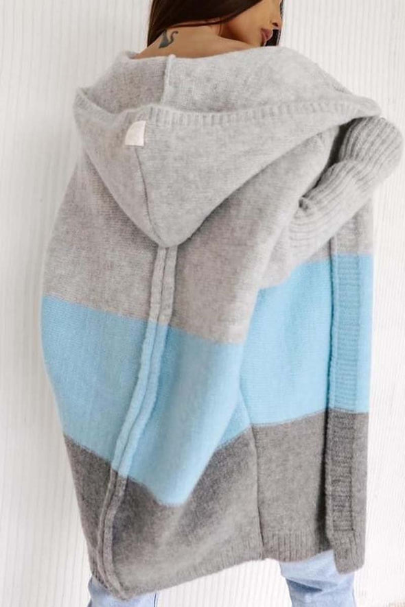 Women's Casual Contrast Color Hooded Sweater Cardigan