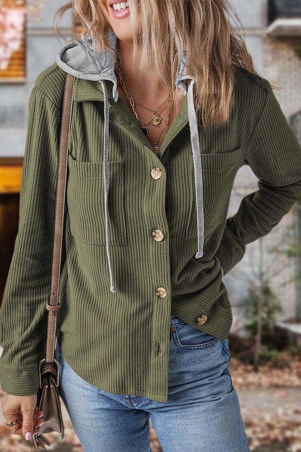 Women's Lapel Button Cardigan Pocket Hood Drawstring Striped Jacket