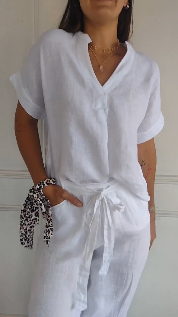 V-neck Cotton and Linen Short-sleeved Tops
