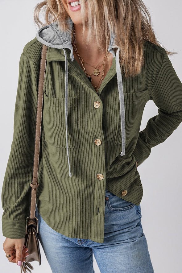 Ladies Lapel Buttoned Cardigan Hooded Drawstring Striped Jacket