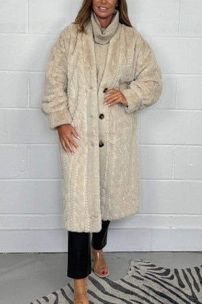 Women's Faux Fur Cable Knit Design Long Button Up Coat