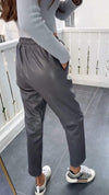 Women's Drawstring Casual Stitching Leather Pants