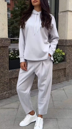 Women's Solid Color Hooded Casual Two-piece Set
