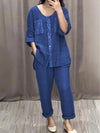 Cotton and Linen Sequined Round Neck Mid-sleeve Two-piece Suit