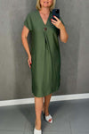 Women's casual solid color metal button V-neck dress