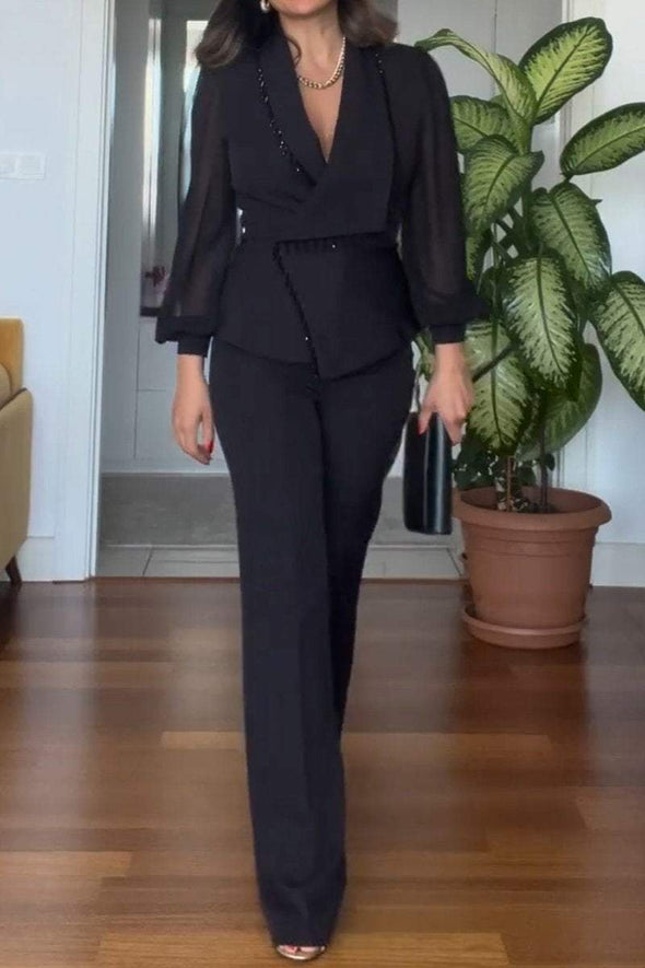 Women's Spring and Fall Solid Color V-neck Top Long Sleeve Suit