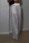 Women's Fashion Solid Color Shiny Elastic Waist Wide Leg Pants