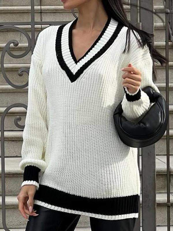 Women's V-neck Long Sleeve Knitted Sweater