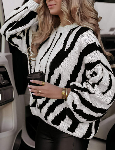 Women's Round Neck Long Sleeve Striped Sweater