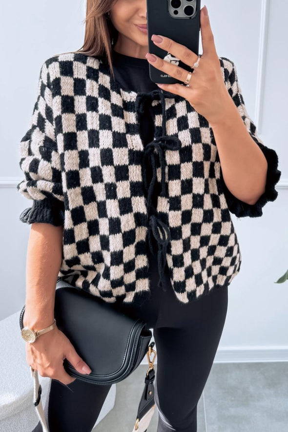 Women's Check Lace-Up Knit Cardigan