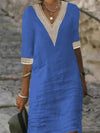 Solid Color V-neck Mid-sleeve Cotton and Linen Casual Dress