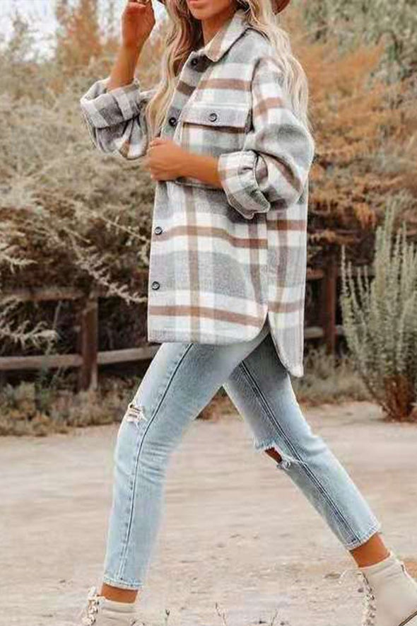 Women's Fashion Lapel Loose Plaid Wool Coat