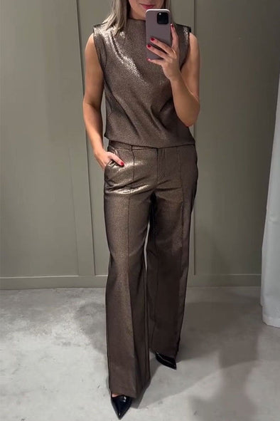 Women's Round Neck Sleeveless Top and Trousers Set