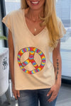 Women's Casual Solid V-Neck Peace Sign Print Top