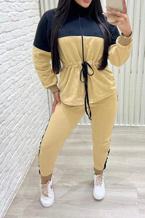 Women's Contrast Color Casual Drawstring Top and Pants Two-piece Set