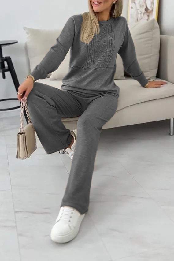 Women's Casual Solid Color Round Neck Suit Knitted Two-piece Suit