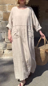 Round Neck Cotton and Linen Long Sleeve Casual Dress