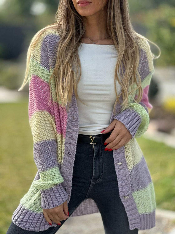 Women's Casual Contrast Color Striped Knitted Cardigan