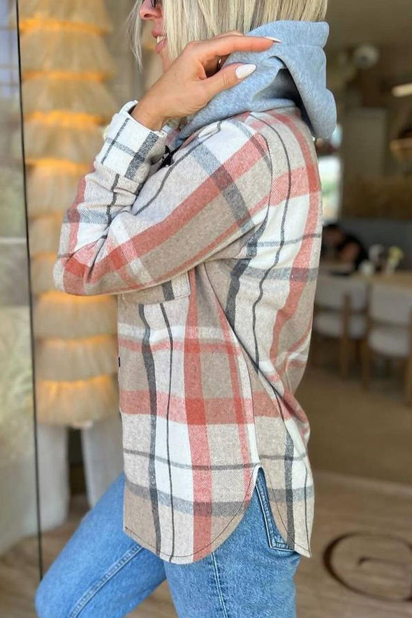 Casual Plaid Button-down Long-sleeve Hooded Shirt