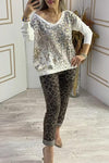 Women's Casual V-neck Leopard Print Gold-stamped Top and Elastic Leopard Print Slim Pants Two-piece Set