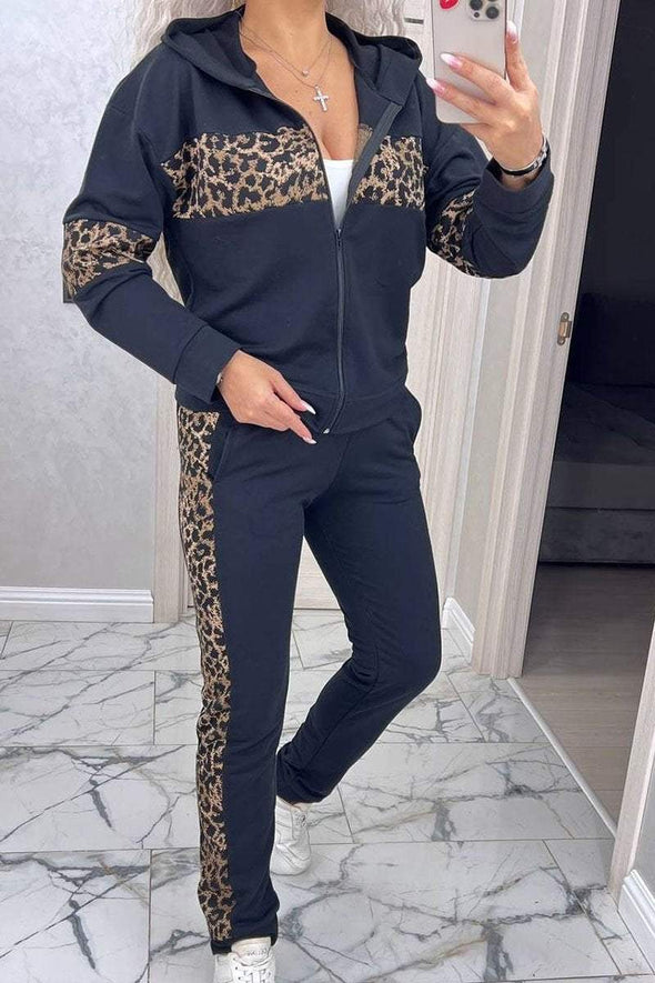 Women's Solid Color Casual Leopard Print Stitching Two-piece Set