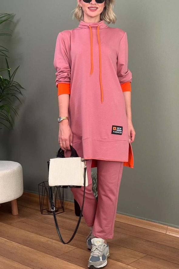 Women's Casual Contrast Long Slit Sweatshirt and Pants Set