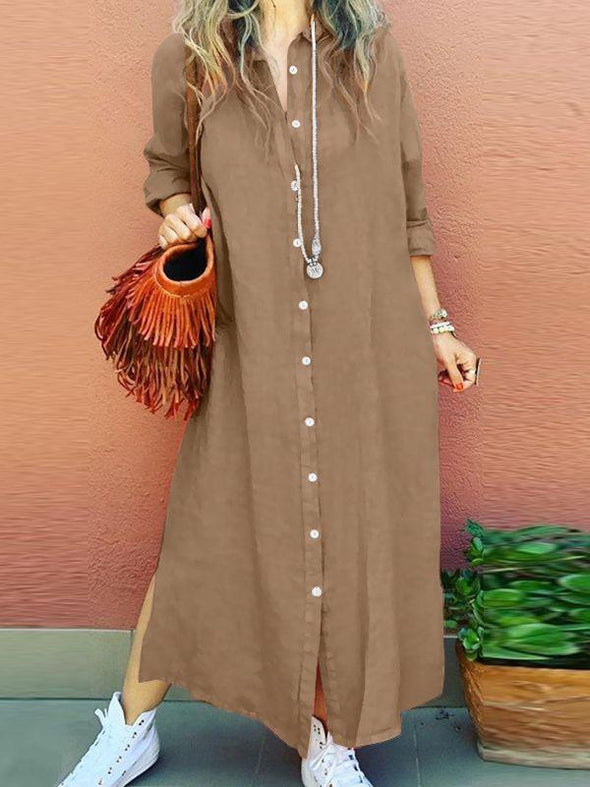 Women's Lapel Long-sleeved Cardigan Cotton and linen Dress