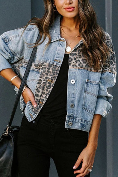 Women's Fashion Denim Leopard Print Jacket