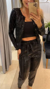 Women's Round Neck Cardigan Top + Sequined Trousers Casual Suit