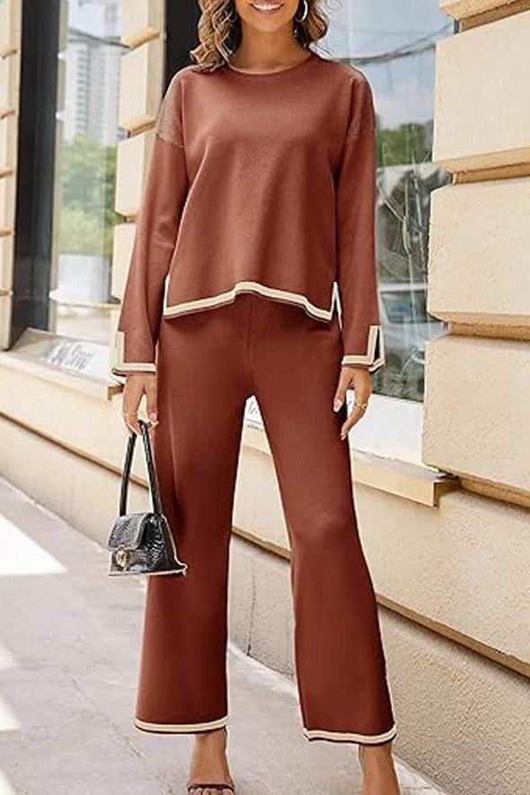 Women's Casual Long Sleeve Knit Top Wide Leg Pants Two-Piece Outfit