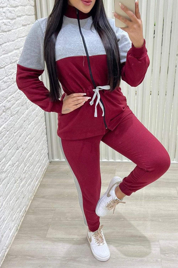 Women's Contrast Color Casual Drawstring Top and Pants Two-piece Set