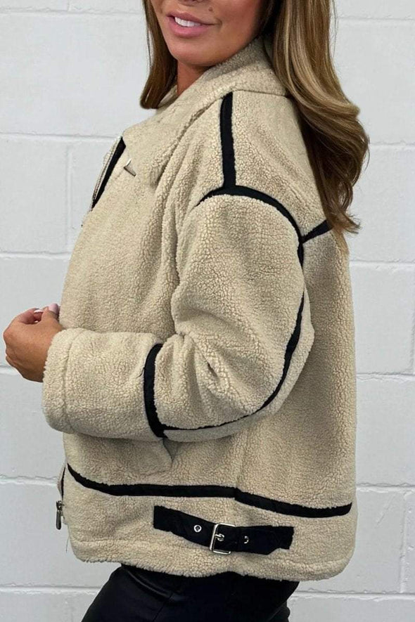 Women's Oversize Black Trim Teddy Aviator Jacket