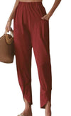 Solid color casual leg pants loose pocket cotton and linen leg pants