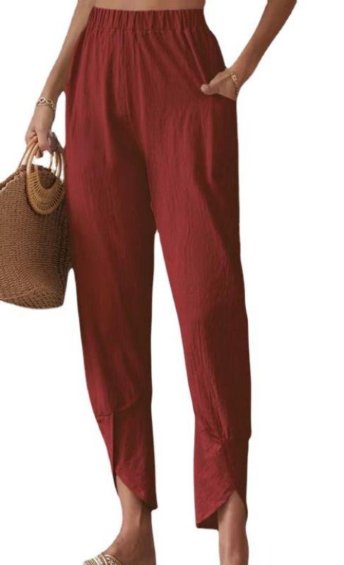 Solid color casual leg pants loose pocket cotton and linen leg pants