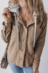 Ladies Lapel Buttoned Cardigan Hooded Drawstring Striped Jacket